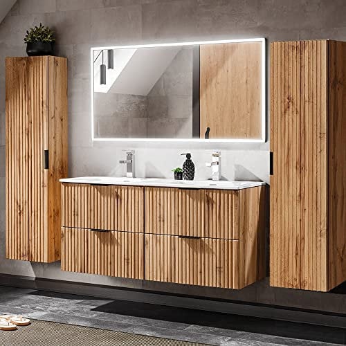 Lomadox Badezimmermöbel Badmöbel Komplett Set, Wotaneiche Rillenoptik, 120cm Waschtisch mit Unterschrank, Keramik Waschbecken, LED-Spiegel, 2 Hochschränke, B/H/T 170/200/46 cm