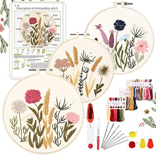 YINVA Stickerei Set Anfänger, Blumenmuster Pflanzen Kreuzstich-Kit Starter Tools Kit mit 2 Stück Kunststoff-Stickrahmen, Farbfäden und Werkzeuge, für DIY Kunst, Handwerk, Sticken