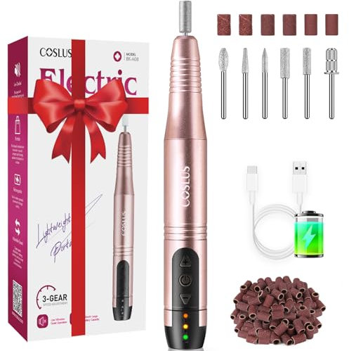 COSLUS Nail Drill Cordless Portable Electric Manicure and Pedicure Set, Professional Nail Files for Acrylic Gel Nails, 6 Nail Drill Bits, Cuticles Hard Skin, Adjustable Speed Rechargeable E File