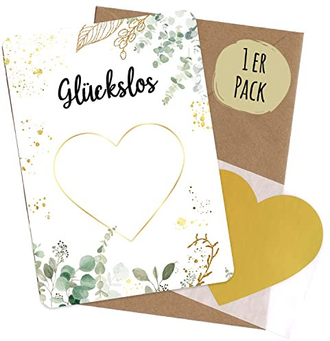 JEKA 1 Rubbellos selbst machen inkl. Umschlag, Rubbelkarte zum selbst beschriften – Glückslos selbst machen mit Rubbelherz Gold, Geschenk Gutschein, Gutschein Karte
