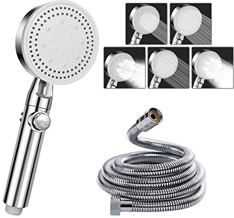 Shower Head and Hose, 5 Mode Water Saving Shower Heads Set, Powerful Handheld Showerhead with Water Stop Botton (Silver)