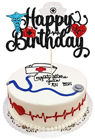Gyufise 1Pcs Nurse Happy Birthday Cake Topper Glitter Nursing Birthday Cake Pick Decoration for Medical Rn Theme Nurse Birthday Party Cake Decorations Supplies Black