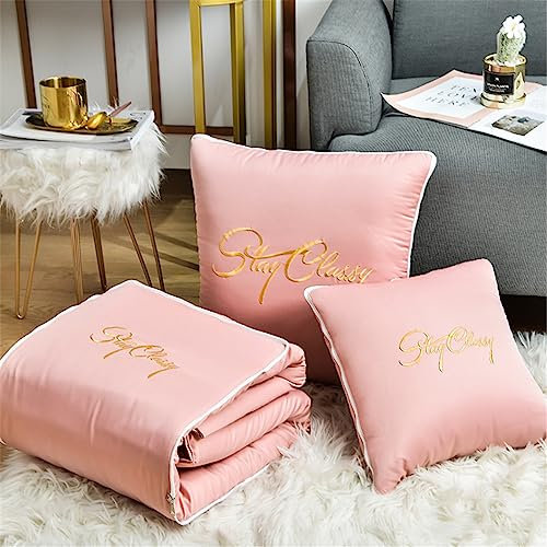 Surwin Couverture et Oreiller de Voyage 2 en 1, Satin Couvre-lit d'été Convertible en Coussin, Courtepointe Léger Adapté au Sommeil en Voiture, au Bureau et en Avion (Rose,150x200cm)