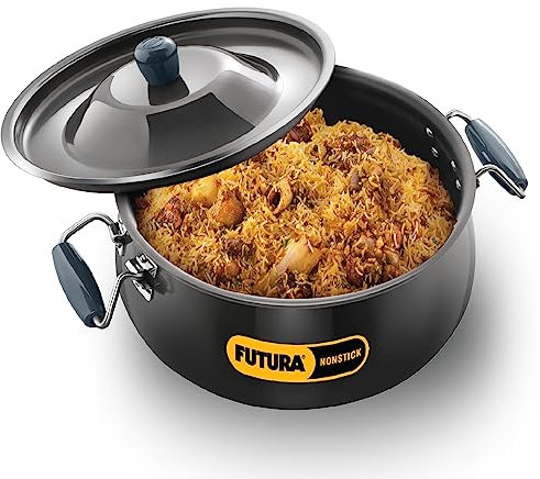 Hawkins Futura 12 Litre BigBoy Biryani Handi, Non Stick Pot with Hard Anodised Lid, Sauce Pan for Cooking and Serving Biriyani, Black (NBH12) Aluminium
