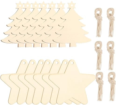 80 Stück Holz Weihnachtsanhänger Holzanhänger Holzanhänger Stern Holz Holz Weihnachtsbaum Anhänger mit Schnur für Weihnachtsanhänger Baum Geschenkanhänger
