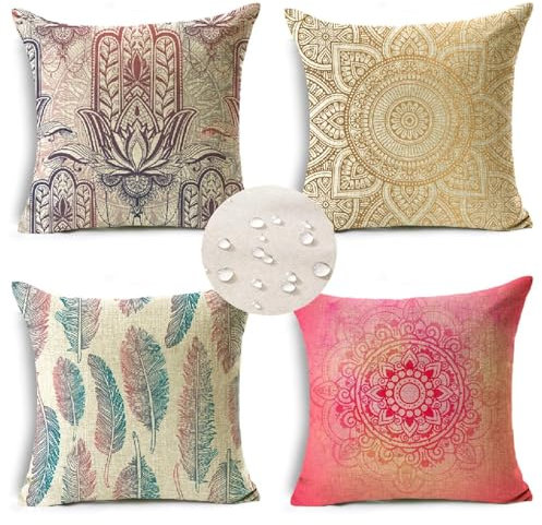 Jonceen Kissenbezug 70x70 cm Mandala 4er Set Outdoor Kissen Wetterfest Sofakissen Leinen Deko Kissen Quadratische Kissenbezüge Retro Zierkissen, Lounge Kissen Outdoor für Garten Balkon Terrasse S 285