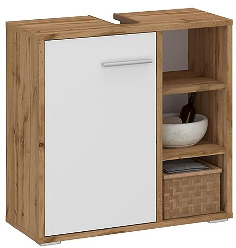 Waschbeckenunterschrank ORNA Wotan Eiche/weiß mit 1 Tür und 3 offenen Fächern, Waschbeckenschrank aus MDF-Spanplatte mit offenen Regalen und geschlossenem Fach hinter Tür
