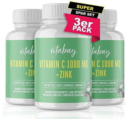 Vitabay Vitamin C Zink Tabletten 600 Vegane Tabletten 1000mg 3er Set | Vitamin C hochdosiert Zink hochdosiert 1000mg C+ Kapseln