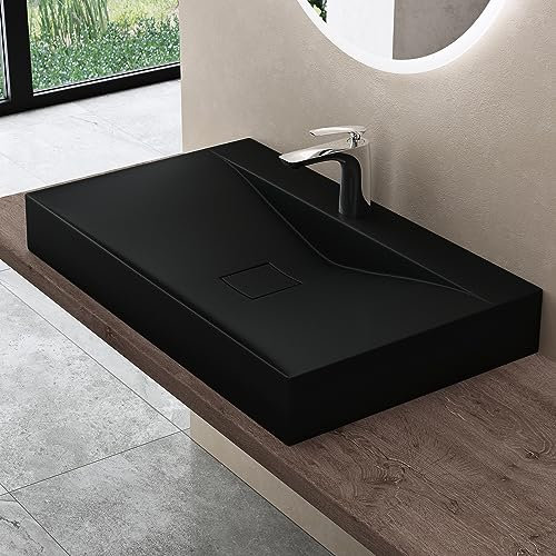 doporro Vasque à Poser 100cm avec Bonde Lavabo Suspendu Noir Mat Colossum810 Fonte Minérale Solid Surface 100x48x12cm