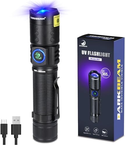 DARKBEAM Lampe de poche UV 365 nm, lumière noire, lampes de poche LED ultraviolettes, lampe en bois rechargeable USB-C rechargeable, résistante à l'eau pour la vérification des billets de banque et