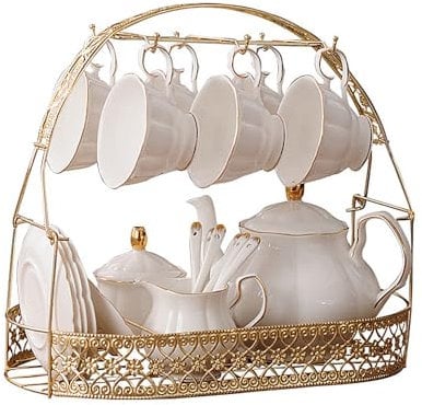 fanquare 15 Pieces Simple White English Ceramic Tea Sets,Tea Pot,Bone China Cups Without Metal Holder,Matching Spoons,Afternoon Tea Set Service Coffee Set