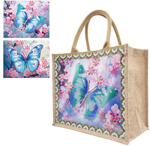 Starnearby Sac de Courses en Toile de Jute avec 2 Peintures Diamant Remplaçables Bricolage, Sac Fourre-tout en Lin, Sac à Provisions Réutilisable, Sac Cabas Courses