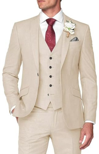 HUUTOE 3-teilige Herrenanzüge Slim Fit Abschlussball Anzüge für Männer Hochzeitskleid Anzug Sommer Blazer Jacke Weste Hose Smoking Set, Beige, M