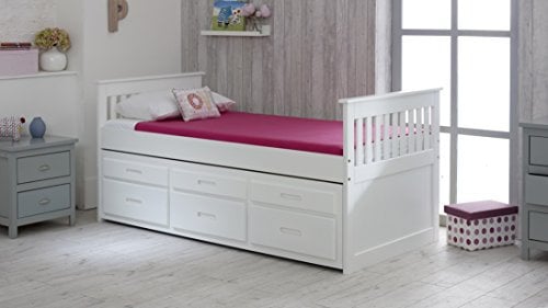 Single Captain Storage Wooden Bed, 3FT, with 3 storage drawers and a Pull Out Under Bed. Slatted Guest Bed Frame with Headboard and Footboard, Available in White or Waxed (White)
