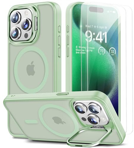 Beeasy for iPhone 15 Pro Max Case MagSafe Phone Case with 2 Screen Protectors and Stand, Military Shockproof Protective Slim Cover, Case for iPhone 15 Pro Max 6.7 Inch, Translucent Green