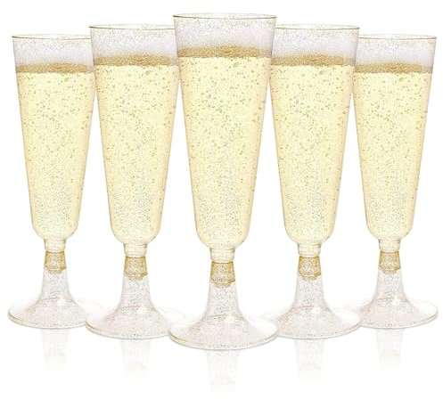 Rosedreamer Sektgläser Plastik 50 Stück Sektgläser Kunststoff Champagner Gläser 150ml Gold Sektglas Mehrweg Plastik Sektgläser für Geburtstag Hochzeit Party Picknicks Outdoor