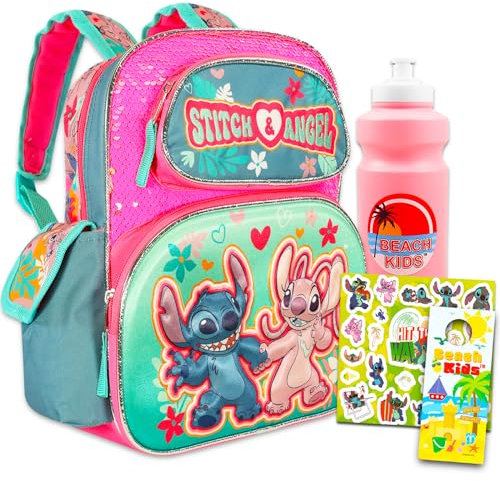 Disney Mini Angel Backpack from Stitch for Kids - Stitch and Angel Mini Backpack Bundle with 12 Angel & Stitch Mini Backpack Plus Stickers, Water Bottle, More | Angel and Stitch Backpack for Girls,