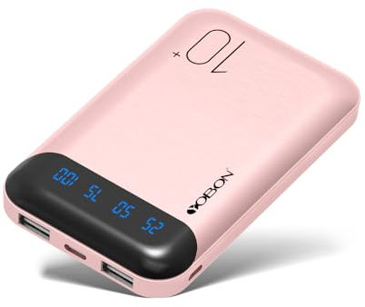 Portable Charger 10000mAh Slim USB C Input and Output Power Bank with LED Display Lightweight External Battery Pack Compatible for iPhone 14/13/12, iPad, Samsung etc. (pink(mini))