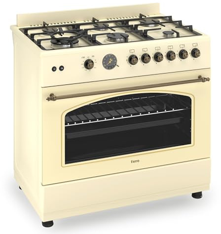 Ferre F9S60GF-CR-RETRO 90cm Gas Range Cooker With Double Turbo Fan & 6 Burner(1 Wok) Gas Hob - Cream