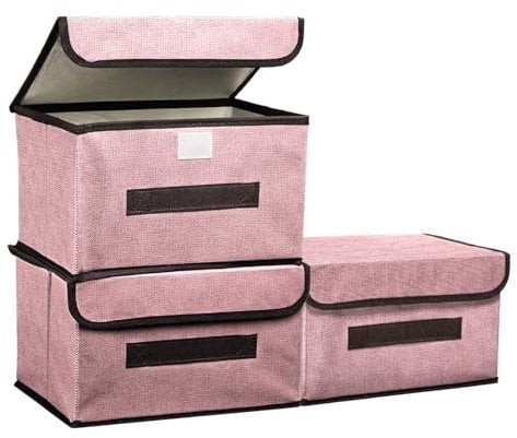 PATIKIL Fabric Collapsible Storage Bin 10.2 x 7.5 x 6.3 Inch, 3 Pcs Foldable Storage Box Cube with Lids and Handle Organizer Container for Home Bedroom Closet Clothes, Pink