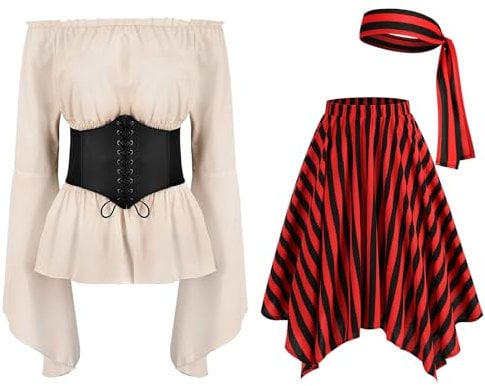 EFOGEP Damen Piratenkost�m 4PCS: Halloween Renaissance viktorianisch Lange ausgestellte �rmel Off-Schulter Bluse Oberteile Korsett Tailleng�rtel Piratenrock Streifen Kopftuch Cosplay Aprikose S