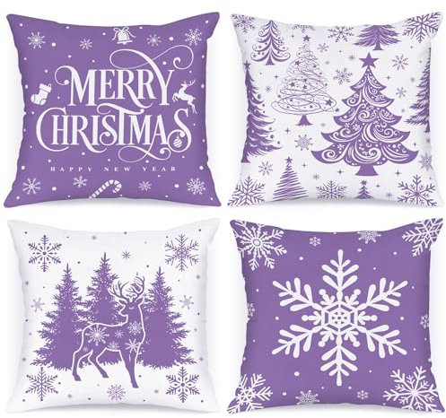 Lanpn 40 x 40 cm 4 Stück Kissenbezug Weihnachten, 40x40 cm Weihnachtsbäume Kissenbezüge Weihnachtsdeko, Lila deko Weihnachtsbäume Zierkissenbezug, Winter Kissenhülle Dekoration für Sofa Bed Couch