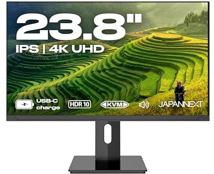 JAPANNEXT Ecran PC 23,8 IPS 4K UHD(3840x2160) 100% SrGB | Recharge Via USB-C (65W)| Hauteur Inclinaison réglable (HSP)|G-Sync/FreeSync Haut-parleurs 2x2W | Garantie 2 Ans | JN-IPS2380UHDR-C65W-HSP