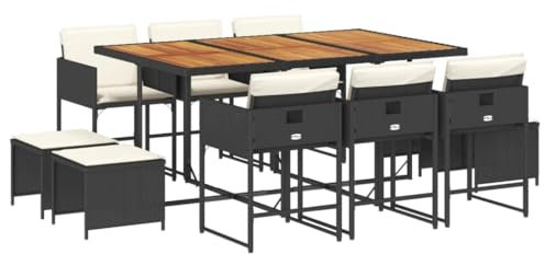vidaXL 11-TLG. Garten-Essgruppe mit Kissen Schwarz Poly Rattan