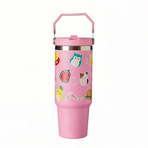 Squishmallows 30oz 900 ML Pink Travel Mug Coffee Cup Tumbler with Leakproof Straw & Lid | Stainless Steel Double Wall Vacuum Insulated Water Bottle for Office, Car | Cold for 17Hrs & Hot for 5Hrs