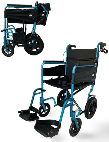Lightweight Aluminium Folding Transit Wheelchair | Multifunctional Brakes | Swing & Detachable Footrest | Travel Wheelchairs | Lite Wheel Chair | Mobility Aids | Travel Chair (Teal)
