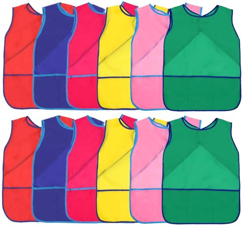 XIEJINJIA 12 Pack Kids Art Paint Smock Sleeveless with 3 Roomy Pockets Artist Child Play Aprons for Boys Girls Cooking Painting Craft