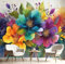 Tintenblumen Fototapete 3D Effekt Seidentapete 350X256Cm(Bxh) Türkis Wanddeko Für Schlafzimmer Wohnzimmer Küche – Aquarellpflanzen Fototapete Atmungsaktiv, Umweltfreundlich