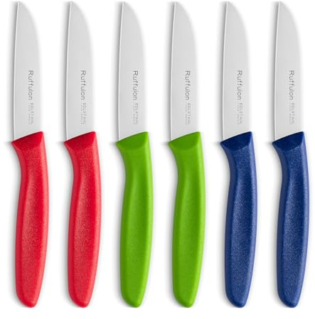 Ruffulon Fruit Knife Set of 6,Straight Edge,Anti-Slip Handle,Red/Green/Blue | Paring Knife,Ultra Sharp,Stainless Steel,Precision Peeling and Trimming,Dishwasher Safe,Cutting Fruit and Vegetable,8cm