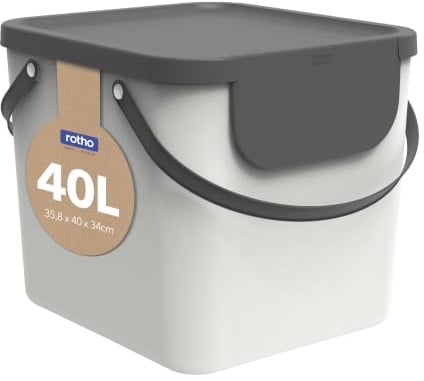Rotho Albula Mülleimer Küche 2er-Set je 40 L stapelbar Creme-Weiß Anthrazit | Mülleimer 2 Fächer, Mülltrennsystem Küche mit Deckel, bei gestapelten Behältern zu öffnen, 2 Tragegriffe, Aufkleber, robust