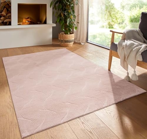 Taracarpet Kurzflor Boho Skandi Polyester Teppich in 3D Optik waschbar, pflegeleicht und robust ideal fürs Wohnzimmer, Schlafzimmer und Kinderzimmer auch als Badematte Rosa Düne 050x080 cm