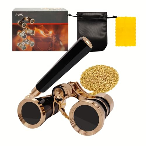 3X25 Opera Glasses Theater Binoculars with Adjustable Handle & Chain, Small Elegant Glasses for Adults Women Vintage Portable Costume Binoculars for Musical Concerts Cinema (Black)