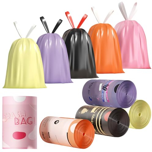 Bin Bags, Small Colorful Convenient Swing Bin Liners Strong & Leakproof Waste Bags for 10-15l Trash Bags with Drawstrings Durable Tear Free Garbage Bags 290 PCS for Home Office & Bathroom - 5 Colors