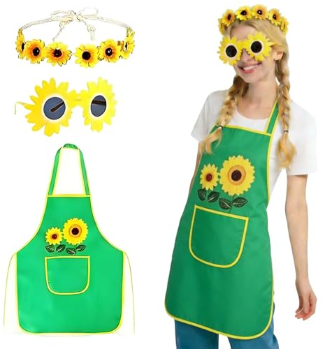 Gärtner Sonnenblume Kostüm Sonnenblumen Kostüm Damen Herren Mit Sonnenblumen Haarreif Gärtnerschürze Sonnenbrille, Gärtner Schürze für Erwachsene, für Gärtner-Kostüme, Fasching und Mottopartys