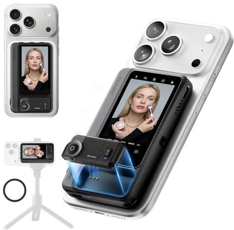7RYMS Qshot V2 PRO Kabelloser Selfie Monitor für iPhone & Android (Schwarz) | Magnetischer, Smartphone Rückkamera Monitor,4K/60fps, 50 m Reichweite, Lautsprecher für Vlog Youtube TikTok Livestream