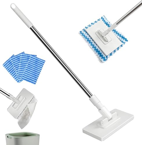 Automatic Cloth Changing Hands-Free Mini Mop, Snap Grip Lazy Mops ,Disposable Dust Mop with 5 Reusable Cloths, 360°Rotating Head Long Handle Stick ,Compatible with Towels & Wipes For Rv Home