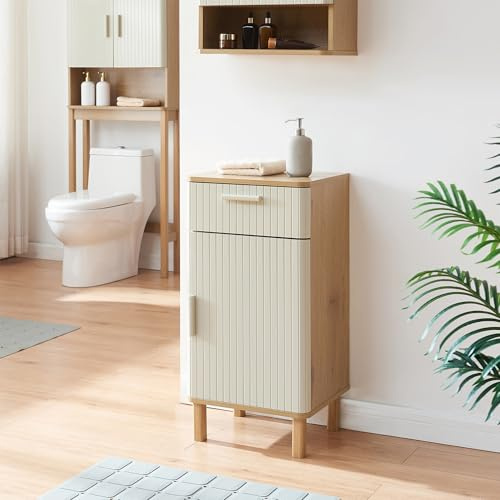 [en.casa] Badezimmerschrank Ferrersp Badschrank Mehrzweckschrank 80 x 40 x 35 cm Midischrank Bad mit 1 Tür und 1 Schublade Eicheoptik/Sandfarben