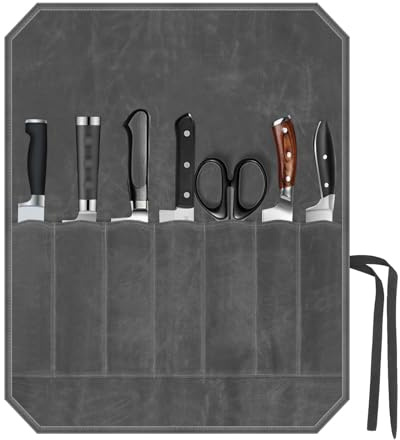 Megcdtr Knife Roll Bag, Knife Roll for Chefs, 7 Slots Waxed Canvas Knife Bags, Portable Tool Storage Bag with Drawstring, Suitable for Home Kitchens Camping Hiking and As a Gift for Chefs (Grey)