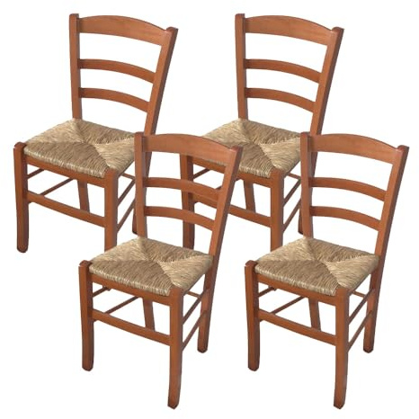 MA MAISON Set Sedie in Legno con Seduta in Paglia - Ampia, Compatta, Schienale Alto, Robusta, Paesana, Rustica, per Cucina, Agriturismo, Ristorante, Soggiorno - 45×45×88 CM (4, Ciliegio)