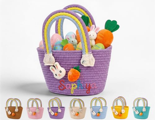 Osterkorb Personalisiert, Osterkörbchen Kinder niedlicher Osterhasen-Karotten-Korb aus Baumwollgewebe mit Namen Ostertasche zum Befüllen Personalisierte Ostergeschenke (Violett)