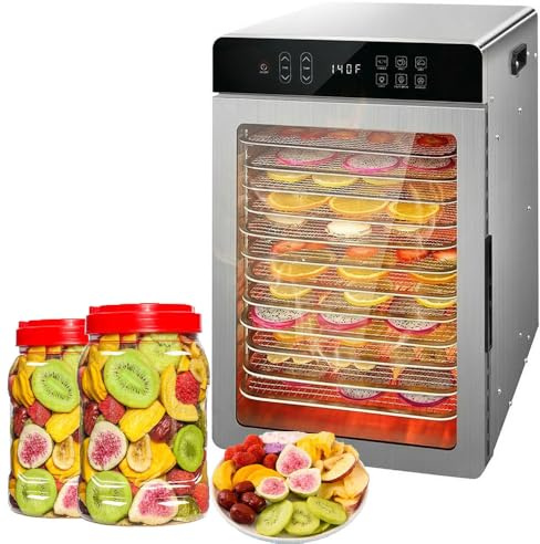 800W essiccatore alimentare,12 vassoi in acciaio inox,10.9ft² Spazio asciutto,0.5-24 Ora timer digitale e controllo della temperatura da 86℉-194℉,4 programmi preimpostati