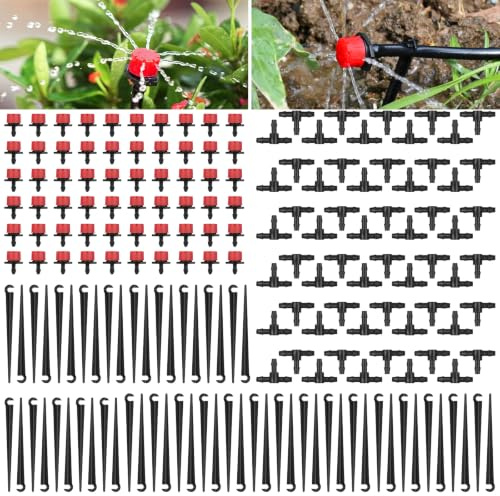 ANOMM 180 Pzs Sistema de Riego Jardín, con Soporte para Manguera y Estacas | Kit de Riegos por Goteo Automático, para Tubos en T, Césped Sistemas Riegos para Sistemas Riego con Manguera de 4/6 mm