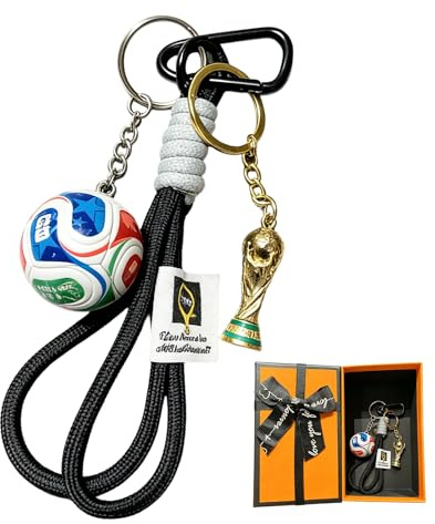 2026 WM Schlüsselanhänger Fussball 3 in 1 Fußball Schlüsselanhänger Pokal Anhänger mit Schlüsselband & Geschenkbox WM-Fußball Fan Souvenir Anhänger Kit für Sportartikel, Rucksackanhänger (Schwarz)
