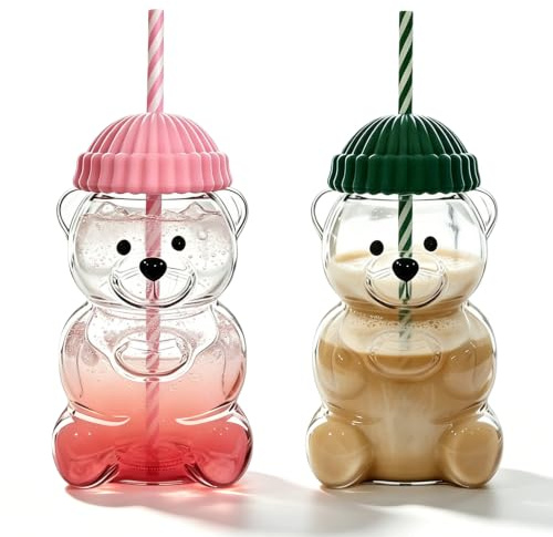 2 vasos con pajita: 600 ml de vidrio de borosilicato de alta calidad con tapa, diseño bonito de oso, para casa, oficina o viajes, (rosa y verde)