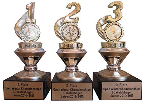 3er-Serie Sport-Pokale (1, 2, 3 goldfarben/fest verschraubt) mit Wunschgravur/Wunschemblem und 3 Sticker (Anstecknadeln). Für über 50 Sportarten verfügbar. (American Football, Angeln, Badminton, Baseball, Basketball, Billard, Boule (Petanque), Bowling, Boxen, Dart, Eishockey, Eiskunstlauf, Eisschnelllauf, Eisstock, Fechten, Feuerwehr, Fussball, Tischfussball, Gewichtheben, Go-Kart, Golf, Gymnastik, Handball, Feldhockey, Hundesport, Judo, Ju-Jutsu, Kaninchenzucht, Karate, Katzenzucht, Kegeln, Leichtathletik, Minigolf, Motorsport, Mountainbike, Musik, Oldtimer (Motorrad), Oldtimer (Auto), Radsport, Reiten, Rhönrad, Ringen, Rodeln, Rudern, Schach, Schützen, Schwimmen, Segeln, Skat, Ski (Abfahrt, Langlauf, Slalom, Biathlon, Kombination, Skispringen)