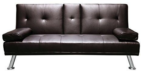 Humza Amani Faux Leather Folding Sofa Bed with Cup Holders – Brown Click Clack 3 Seater Sofa Bed with Chrome Legs – Compact Folding Sofa Bed for Guest Rooms & Modern Living
